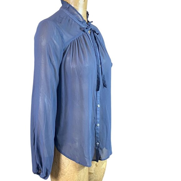 Hollister Sheer Long Sleeve Button-Down Tie Neck Blouse S Blue #310L - Picture 3 of 6